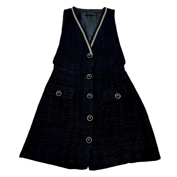 Zara Dresses & Skirts - Zara | V-Neck Black Tweed Button Down Mini Dress with Gold Chain Detail Size XS
